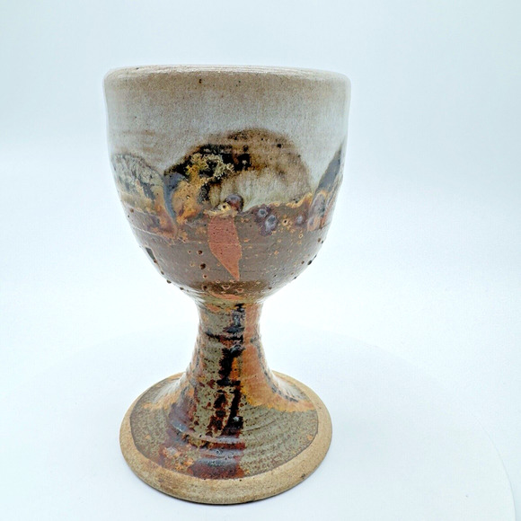 Studio Art Pottery Goblet Chalice Cup Textured Brown Gray Stoneware Signed #4 - Picture 2 of 11